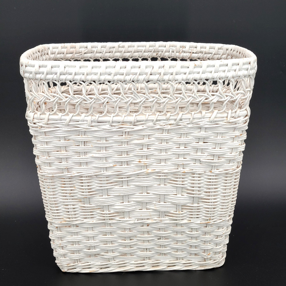 Vintage White Wicker Rattan Woven Waste Basket Trash Can 11" x 12" x 8.5"